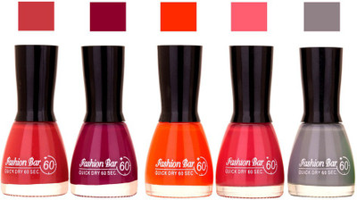 

Fashion Bar Redish Pink,Mavue,Orange,Neon Pink,Gray Shades Nail Polish 145314 Redish Pink,Mavue,Orange,Neon Pink,Gray(Pack of 5)