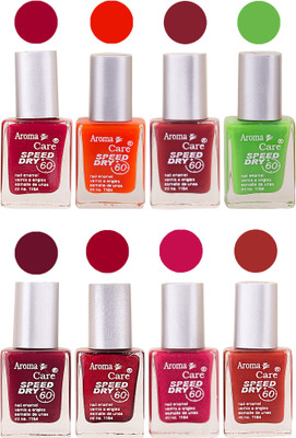 

Aroma Care Orange Matte Nail Polish Combo 0107201682 Maroon, Orange, Golden, Maroon, Green, Magenta, Light Orange, Red, Peach, Purple, Pink, Blue, Yellow, Black, Base Coat, Nude(Pack of 8)