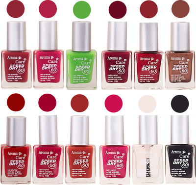

Aroma Care Green Nail Polish Combo 25081622 Orange, Pink, Golden, Maroon, Peach, Green, Purple, Silver, Blue, Yellow, Base Coat, Black(Pack of 12)