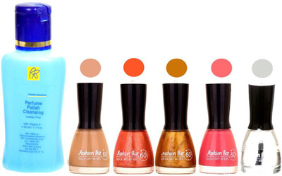 

Fashion Bar Nail Polish With Free Rythmx Nail Polish Remover Combo Offer (Neon Shades at Incredible Value) 1503 Nude,Orange Glitter,Golden,Pink,Transperent(Pack of 5)