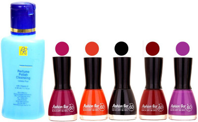 

Fashion Bar Nail Polish With Free Rythmx Nail Polish Remover Combo Offer (Neon Shades at Incredible Value) 1564 Mazanta,Orange,Black,Mauve,Purple(Pack of 5)