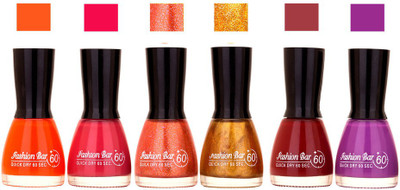 

Fashion Bar Long Stay Pack of 6 Unique Nail Polish Combo 301 Orange , pink ,Multi Shimmer, orange Glitter ,Cherry, Mehroon(Pack of 6)