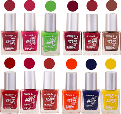 

Aroma Care Green Nail Polish Combo 25081621 Orange, Pink, Golden, Maroon, Peach, Green, Purple, Silver, Blue, Yellow, Base Coat, Black(Pack of 12)