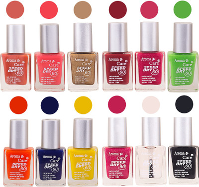 

Aroma Care Orange Nail Polish Combo 909201610 Orange, Pink, Golden, Maroon, Nude, Green, Red, Purple, Silver, Blue, Yellow, Magenta, Peach, Black(Pack of 12)