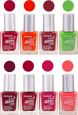 

Aroma Care Orange Matte Nail Polish Combo 0107201684 Maroon, Orange, Golden, Maroon, Green, Magenta, Light Orange, Red, Peach, Purple, Pink, Blue, Yellow, Black, Base Coat, Nude(Pack of 8)