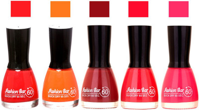 

Fashion Bar Red ,Orange ,Maroon,Redish Pink ,Baby Pink Shades Nail Polish 145321 Red ,Orange ,Maroon,Redish Pink ,Baby Pink(Pack of 5)