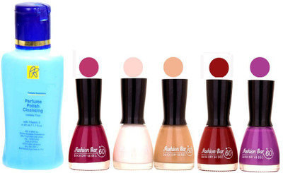 

Fashion Bar Nail Polish With Free Rythmx Nail Polish Remover Combo Offer (Neon Shades at Incredible Value) 1553 Mazanta,White,Nude,Maroon,Purple(Pack of 5)