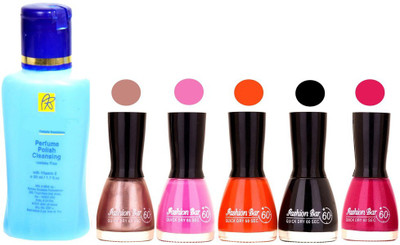 

Fashion Bar Nail Polish With Free Rythmx Nail Polish Remover Combo Offer (Neon Shades at Incredible Value) 1525 Shimmer Light,Voilet,Frosty,Black,Mazanta(Pack of 5)
