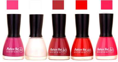 

Fashion Bar Voilet Purple,White ,Mauve ,Red ,Lotous Pink Shades Nail Polish 145323 Voilet Purple,White ,Mauve ,Red ,Lotous Pink(Pack of 5)