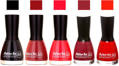 

Fashion Bar Black , Cherry ,Pink Mauve Red Shades Nail Polish 145293 Black , Cherry ,Pink Mauve Red(Pack of 5)