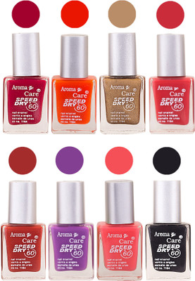 

Aroma Care Orange Matte Nail Polish Combo 0107201667 Maroon, Orange, Golden, Maroon, Green, Magenta, Light Orange, Red, Peach, Purple, Pink, Blue, Yellow, Black, Base Coat, Nude(Pack of 8)