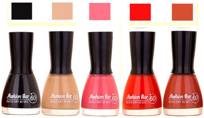 

Fashion Bar Black , Musted , Pink Red ,Browny Shades Nail Polish 145297 Black , Musted , Pink Red ,Browny(Pack of 5)