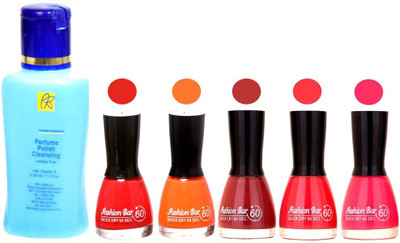 

Fashion Bar Nail Polish With Free Rythmx Nail Polish Remover Combo Offer (Neon Shades at Incredible Value) 1540 Red,Orange,Mauve,Redish Pink,Light Pink(Pack of 5)