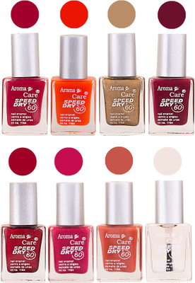 

Aroma Care Orange Matte Nail Polish Combo 0107201633 Maroon, Orange, Golden, Maroon, Green, Magenta, Light Orange, Red, Peach, Purple, Pink, Blue, Yellow, Black, Base Coat, Nude(Pack of 8)