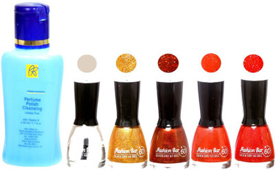 

Fashion Bar Nail Polish With Free Rythmx Nail Polish Remover Combo Offer (Neon Shades at Incredible Value) 1550 Transperent,Shimmer Golden,Orange Glitter,Glitter Red(Pack of 4)