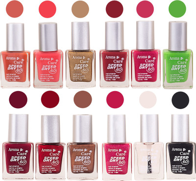 

Aroma Care Pink Nail Polish Combo 25081604 Orange, Pink, Golden, Maroon, Peach, Green, Purple, Silver, Blue, Yellow, Base Coat, Black(Pack of 12)