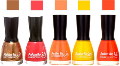 

Fashion Bar Browny Gold,Pink,Peach ,Yellow ,Dark Orange Shades Nail Polish 145356 Browny Gold,Pink,Peach ,Yellow ,Dark Orange(Pack of 5)