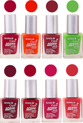 

Aroma Care Orange Matte Nail Polish Combo 0107201681 Maroon, Orange, Golden, Maroon, Green, Magenta, Light Orange, Red, Peach, Purple, Pink, Blue, Yellow, Black, Base Coat, Nude(Pack of 8)