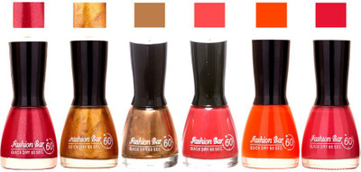 

Fashion Bar Long Stay Pack of 6 Unique Nail Polish Combo 301 Shimmer Mazanta ,Glitter Orange ,Peach,Yellow ,shimmer brown ,Brown Move(Pack of 6)