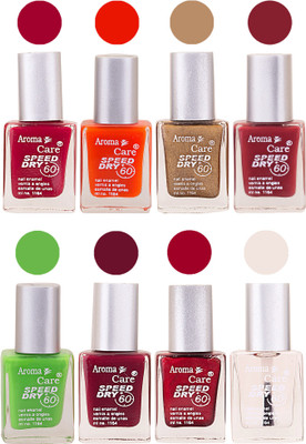 

Aroma Care Orange Matte Nail Polish Combo 0107201612 Maroon, Orange, Golden, Maroon, Green, Magenta, Light Orange, Red, Peach, Purple, Pink, Blue, Yellow, Black, Base Coat, Nude(Pack of 8)
