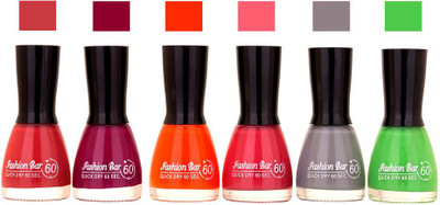 

Fashion Bar Long Stay Pack of 6 Unique Nail Polish Combo 301 Brownish pink,dark purple ,Orange , pink ,Gary, green(Pack of 6)