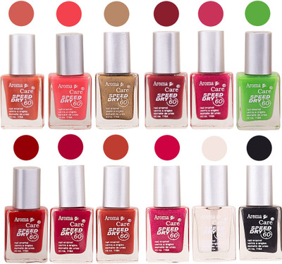 

Aroma Care Pink Nail Polish Combo 25081607 Orange, Pink, Golden, Maroon, Peach, Green, Purple, Silver, Blue, Yellow, Base Coat, Black(Pack of 12)