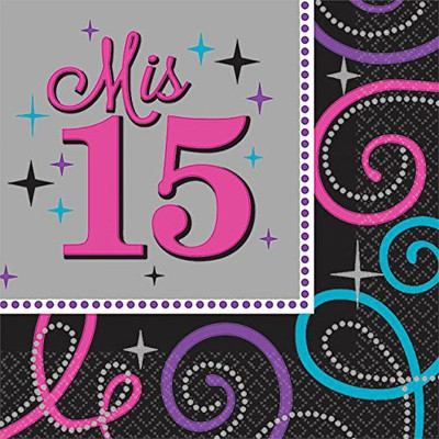 

Amscan Elegant Mis Quince AÃ±os Birthday Party Beverage Napkins Grey, Black Napkins(16 Sheets)