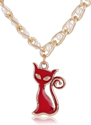 Cinderella Collection By Shining Diva Red Coloured Designer Cat Pendant Alloy Necklace