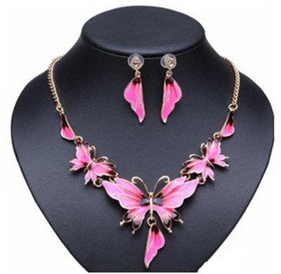 

SENECIO™ Fluorescent Light Pink Oil Drop Enamel Butterfly Floral Crystal With Earrings Jewelry Gold-plated Plated Alloy Necklace Set