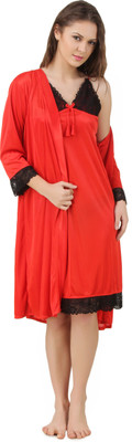Masha Women Nighty with Robe(Red)