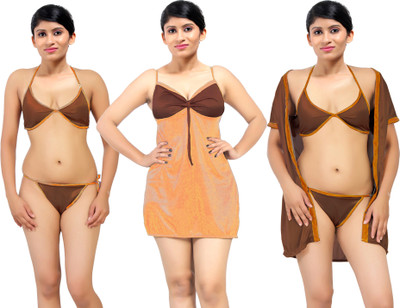 Fabme Women Nighty with Robe(Brown)
