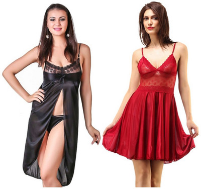 ROWENA Women Nighty(Red, Black)