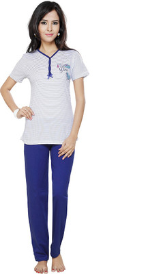 

FLAMINGO Women's Printed White, Blue Top & Pyjama Set, Navy