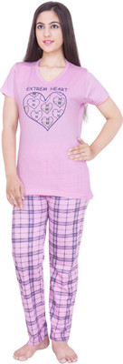 

Rightshape Women's Solid, Printed Multicolor Top & Pyjama Set, Pink