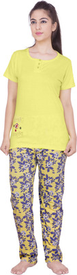 Rightshape Women Solid, Printed Multicolor Top & Pyjama Set, Yellow