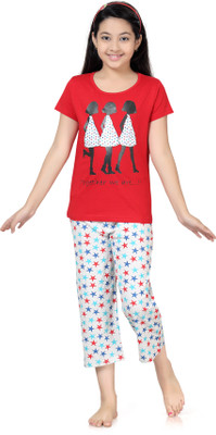 

Kombee Kids Nightwear Girls Printed Cotton, Red & white