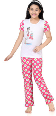 

Kombee Kids Nightwear Girls Solid, Printed Cotton, White & pink