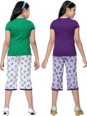 

Sini Mini Kids Nightwear Girls Printed Cotton, Set_abc666pur_pur_tp_leaf555pur_bg_bg_tp