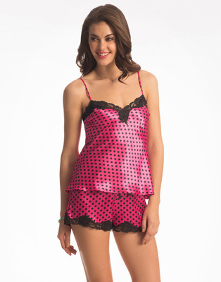 PrettySecrets Women Polka Print Pink, Black Top & Shorts Set