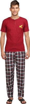 Rightshape Men Checkered Maroon Top & Pyjama Set