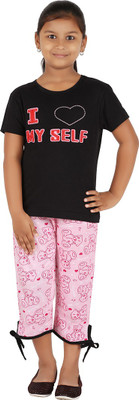 FICTIF Kids Nightwear Girls Self Design Cotton Blend(Black Pack of 1)