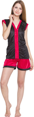 

Kismat Fashion Women Self Design Red, Black Top & Shorts Set, Black;red