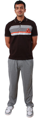 Colors & Blends Men Striped Brown, Grey Top & Pyjama Set