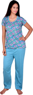 

Kanika Women's Floral Print Blue Top & Pyjama Set, Firozy