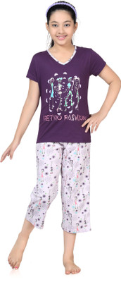 

Kombee Kids Nightwear Girls Printed Cotton, Purple & white