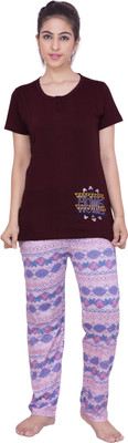 

Rightshape Women Solid, Printed Multicolor Top & Pyjama Set, Maroon