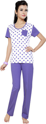 

FLAMINGO Women's Printed White, Purple Top & Pyjama Set, Pervinca