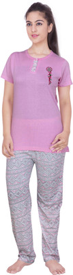 

Rightshape Women's Solid, Printed Multicolor Top & Pyjama Set, Light pink