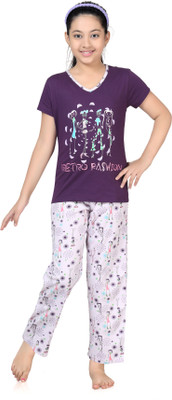 

Kombee Kids Nightwear Girls Printed Cotton, Purple & white