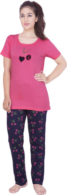 

Rightshape Women's Solid, Printed Multicolor Top & Pyjama Set, Red